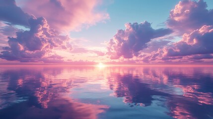 Wall Mural - Pink sunset clouds reflected perfectly on the calm water surface