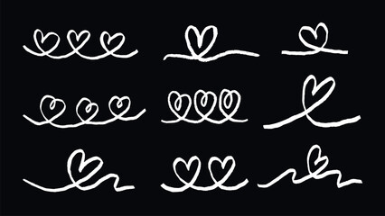 Wall Mural - chalk-drawn heart designs on black background. heart patterns, heart lines, heart sketches. romantic