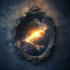 mysterious vintage mirror reflecting a glowing galaxy. part of a surreal fantasy series depicting al