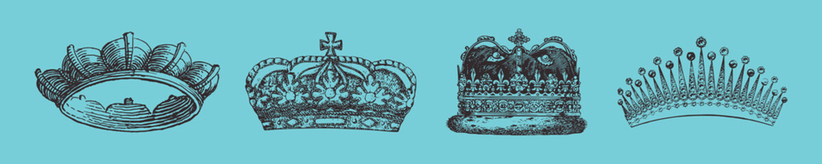 Wall Mural - illustration of four ornate crowns on a blue background. each crown features intricate designs. crow