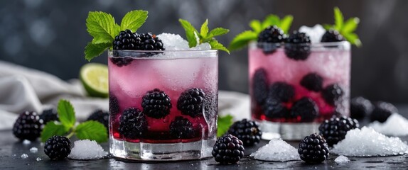 Wall Mural - Refreshing Bramble Cocktail with Blackberries Mint and Crushed Ice on a Dark Surface for Elegant Beverage Promotions