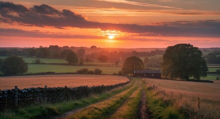 Poster - Serene Sunset Over British Countryside Emphasizing Lush Fields and Scenic Pathway in Tranquil Rural Landscape