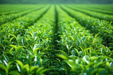 Poster - Lush green tea plantation stretches across rolling hills under a clear sky in the early morning light