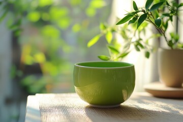 Poster - Simple green bowl sitting on a wooden table with lush greenery in a sunlit room during the morning hours