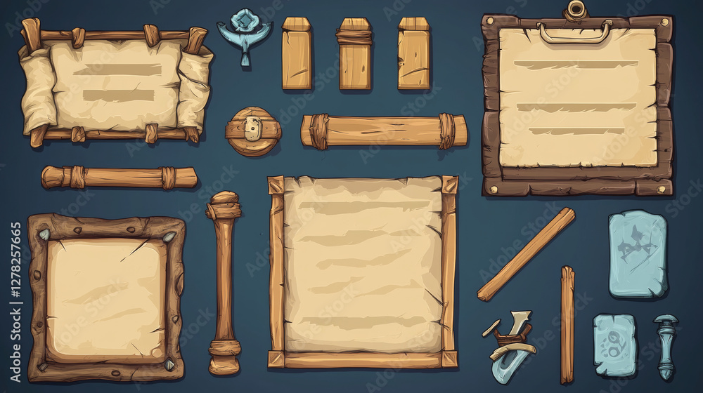 Set of game stone frames, bars, ui scrolls, boards with antique ...
