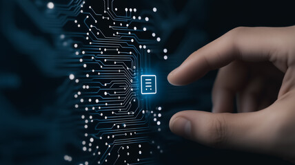 Wall Mural - digital interface: a hand interacts with a glowing digital interface of circuit board patterns, symb