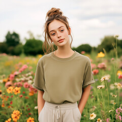 Wall Mural - Young girl with messy bun, in olive t-shirt standing in blooming summer meadow. Women's short sleeve shirt mockup. Youth, teenager holiday, vacation, city, urban lifestyle tee template