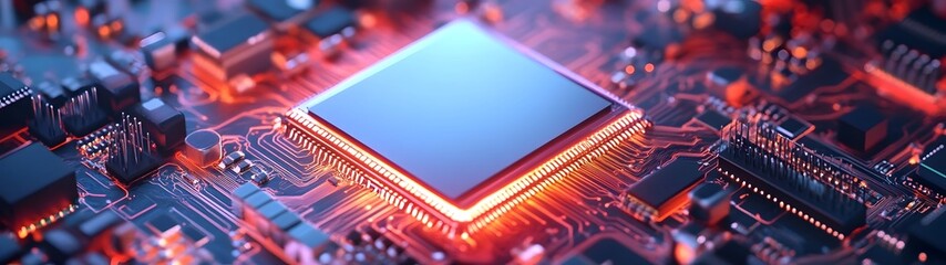 Poster - Vibrant Circuitry   Futuristic Technology Concept with Glowing Microchip Processor on Circuit Board  Intricate electronic components integrated circuits and digital technology