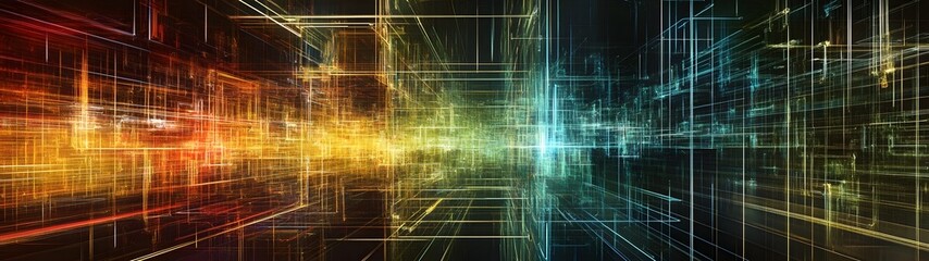 Fototapete - Vibrant Futuristic Digital Landscape with Neon Energy Streams and Fractal Pattern  Abstract technological background with glowing lines data matrix and dynamic digital art elements