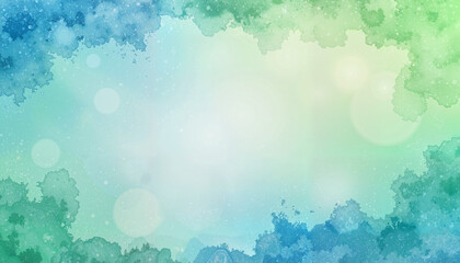 Soft watercolor background in shades of blue and green with bokeh effects copy space