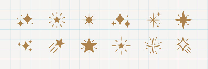 Wall Mural - gold star icons on grid background. stars vary in shape and size. star icons are decorative and styl