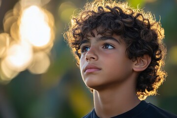 Wall Mural - Young boy gazes thoughtfully into the distance amidst a beautiful natural background during golden hour