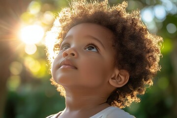 Sticker - Young child gazing upward with curiosity in a sunlit garden setting during golden hour