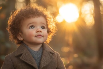 Wall Mural - Little child with curly hair gazes at the sunset in a serene forest setting during golden hour