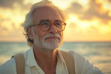 Wall Mural - Elderly man gazes contemplatively at the ocean during a colorful sunset near a serene beach setting