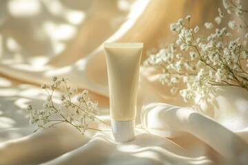 Poster - Nature-inspired beauty product displayed elegantly among delicate flowers on soft fabric in natural light