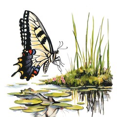 Wall Mural - Watercolor Painting of a Yellow Swallowtail Butterfly Near a Pond