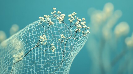 Delicate white flowers entangled in a soft net