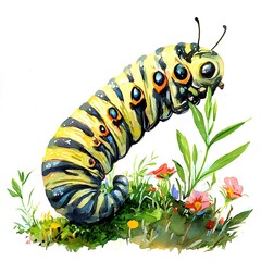 Canvas Print - Watercolor Painting of a Colorful Caterpillar on Flowers