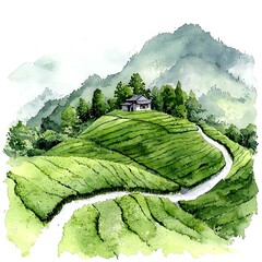 Wall Mural - Serene Watercolor Painting of a Tea Plantation House on a Hillside