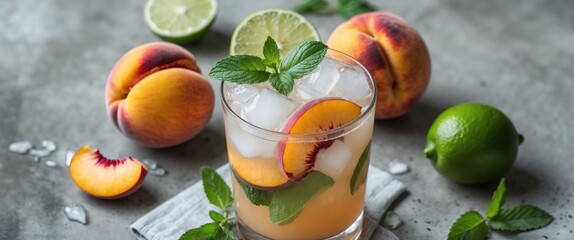 Wall Mural - Refreshing Peach Lime Mint Cocktail With Ice Garnished With Fresh Ingredients On A Textured Concrete Surface