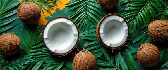 Wall Mural - Coconut Halves and Nuts on Tropical Green Leaves with Colorful Background for Creative Designs and Display Text Space