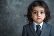 © c80 - Young child wearing a grey suit with a tie posed against a textured background in a formal setting