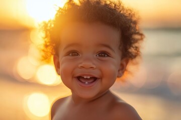 Sticker - Joyful baby smiling at sunset on the beach with golden waves and a vibrant sky