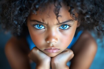 Young child with curly hair and striking blue eyes shows emotion while resting chin on hands indoors