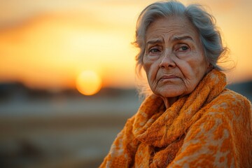 Wall Mural - Elderly woman gazing thoughtfully at sunset in outdoor setting with warm colors in the background