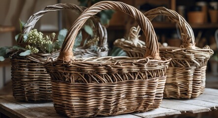 Canvas Print - Rustic Decorative Wicker Baskets Displayed on a Wooden Table with Greenery and Warm Neutral Tones for Home Decor Inspiration