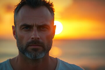 Wall Mural - Man with a beard gazes intently at sunset over the ocean, radiating calm and strength in early evening light