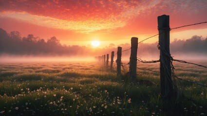 Wall Mural - Serene Sunrise Over Misty Field with Fencing and Blooming Wildflowers in Early Morning Light