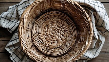 Canvas Print - Woven Straw Basket with Checkered Linen on Wooden Surface Top View Design Background