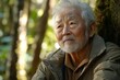 © c80 - Elderly man reflecting in a forest during daylight, surrounded by lush greenery and tall trees