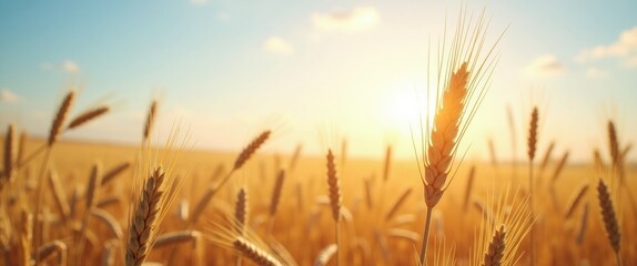 Wall Mural - Golden Wheat Field Under Warm Sunset Sky with Space for Text and Fresh Harvest Atmosphere