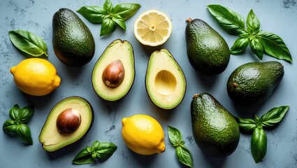 Sticker - Fresh and Vibrant Flat Lay of Ripe Avocados, Lemons, and Basil Leaves on a Textured Background for Culinary and Healthy Living Themes