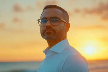 Wall Mural - Man gazing thoughtfully towards the horizon during sunset by the beach with a calm ocean in the background