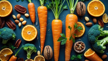 Sticker - Vibrant assortment of vitamin A rich foods including carrots, oranges, broccoli, nuts and dried fruits arranged on a blue background.