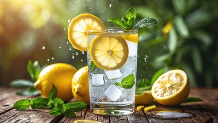 Wall Mural - Refreshing Lemon Water with Mint and Ice in a Glass Surrounded by Fresh Lemons on a Rustic Wooden Table in Natural Light