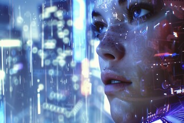 a hyper-realistic image of a human with a half-cybernetic face, where advanced ai circuits glow bene