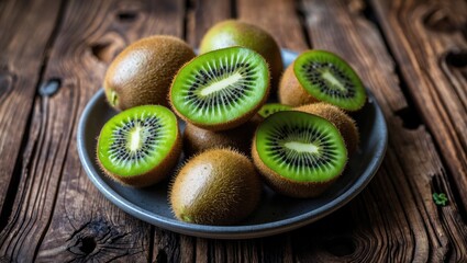 Poster - Vibrant Kiwi Fruits Displayed on a Rustic Wooden Table in a Shallow Plate Creative Close-Up Food Photography