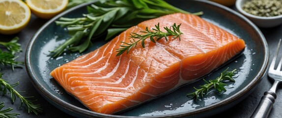 Wall Mural - Fresh Raw Salmon Fillet on Plate Surrounded by Herbs and Lemon Slices with Space for Text in Culinary or Food Presentation Context