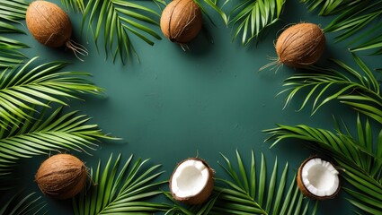 Wall Mural - Tropical Coconut and Green Leaves Background with Empty Space for Text and Design, Perfect for Summer and Relaxation Themes