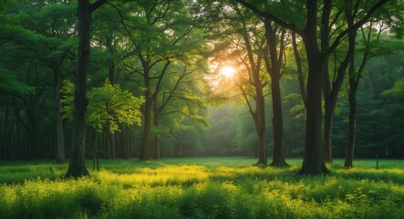 Wall Mural - Sunlight Filters Through Lush Green Trees In A Serene Forest Landscape On A Clear Morning