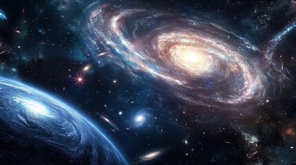 a deep space view showing the vastness of the universe with multiple galaxies, nebulae, and star clu