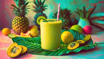 Poster - Tropical Yellow Smoothie with Fresh Fruits on Green Leaf Surrounded by Colorful Background and Empty Space for Text