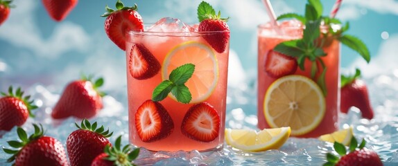 Wall Mural - Refreshing Iced Strawberry Mint Lemonade with Fresh Strawberries and Mint Garnish Perfect for Summer Enjoyment