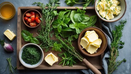 Sticker - Fresh Ingredients for Vegetarian Salad Featuring Herbs and Butter Arranged on a Wooden Tray with Space for Text or Branding