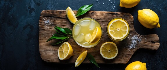 Wall Mural - Refreshing Italian Limoncello Cocktail with Fresh Lemons and Green Leaves on Rustic Wooden Board Against Dark Background. Top View.